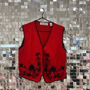 Red Embroidered Knit Vest | Black Floral Detail